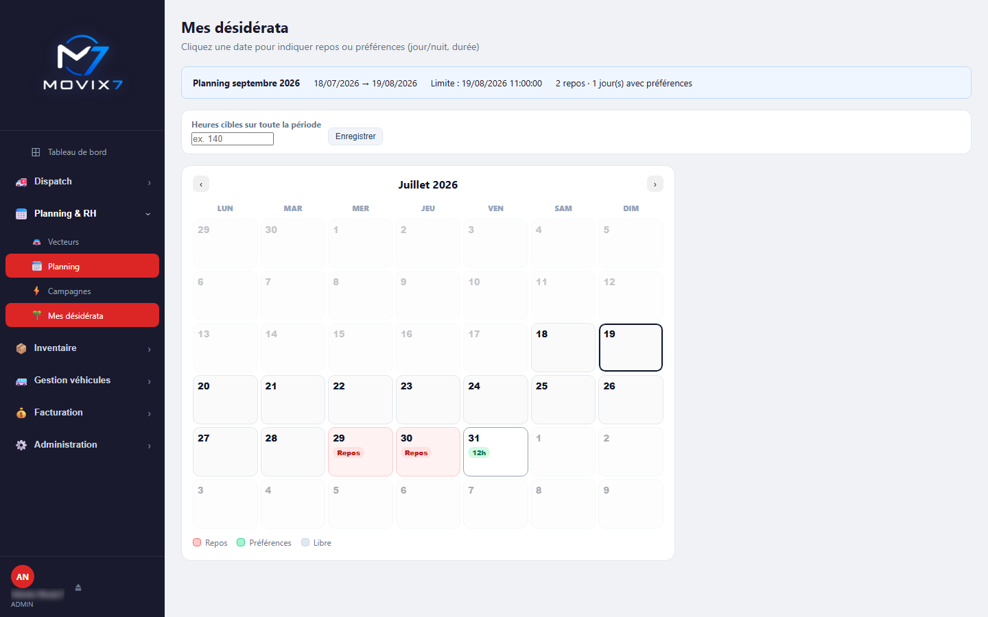 Écran Mes désidérata Movix7 : calendrier des jours de repos souhaités