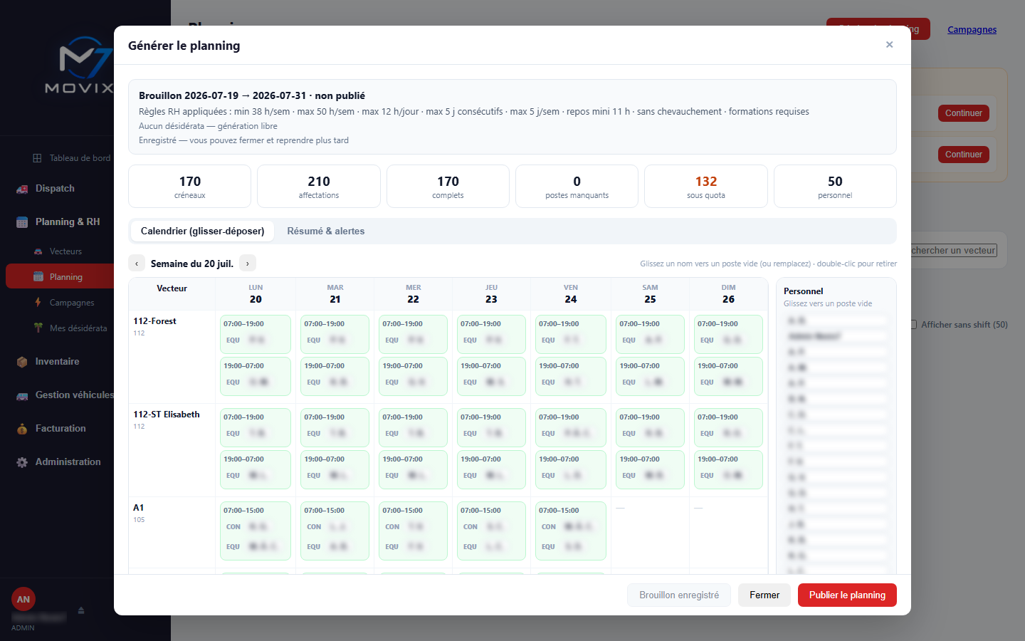 Module Planning & RH Movix7 : navigation modulaire, génération de plannings et gestion des vecteurs dispatch ou RH